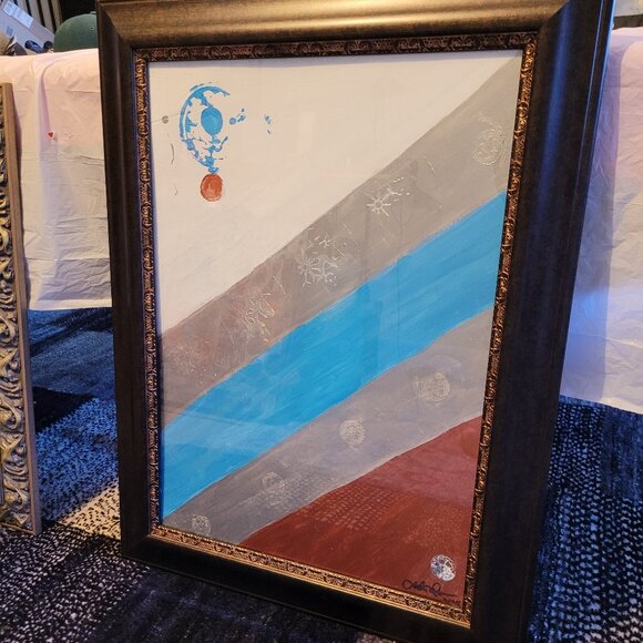 Silver colorful decor,  original painting in acrylics framed 22"×30in. - Picture 1 of 2